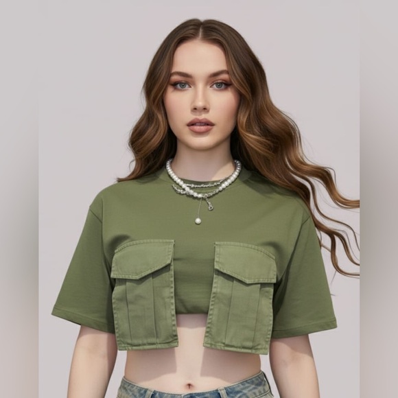 Women’s Ultra Short Cargo Crop Top with Round Neck and Pocket - Casual - Picture 13 of 14